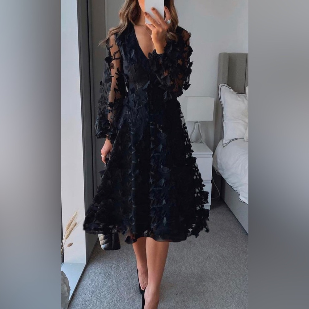 NWT LBD - Elegant & Embellished Sheer Sleeve Midi Dress